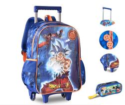 Kit Mochila de Rodinhas Infantil e Estojo Compartimento Duplo Dragon Ball Super