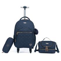 Kit Mochila De Rodinhas Juvenil Resistente Lancheira Azul