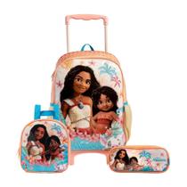 Kit mochila de rodinhas, lancheira e estojo duplo moana 16 xeryus