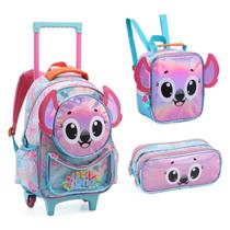 Kit Mochila de Rodinhas + Lancheira + Estojo Aloha Stitch Fofa Denlex Kit Mochila de Rodinhas + Lancheira + Estojo Aloha Stitch Fofa Denlex