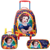 Kit Mochila De Rodinhas Lancheira Estojo Branca De Neve