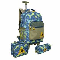 Kit Mochila de Rodinhas + Lancheira + Estojo Dinossauro Rex Dino Masculina Escolar Infantil