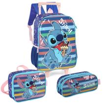 Kit Mochila De Rodinhas Lancheira Estojo Disney Stitch Angel