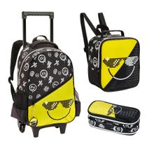 Kit Mochila de Rodinhas + Lancheira + Estojo Duplo Emoji DENLEX