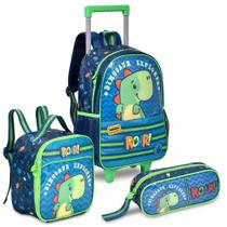 Kit Mochila De Rodinhas Lancheira Estojo Escolar Dino Dino