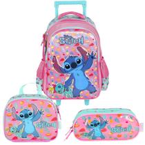 Kit Mochila De Rodinhas Lancheira Estojo Escolar Stitch