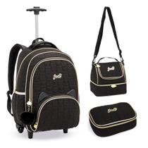 Kit Mochila de Rodinhas + Lancheira + Estojo Gatinho DENLEX