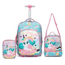 Kit Mochila de Rodinhas + Lancheira + Estojo Infantil Escolar