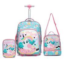 Kit Mochila de Rodinhas Lancheira Estojo Infantil Escolar Unicornio