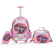 Kit Mochila De Rodinhas Lancheira Estojo Infantil Rosa Menina
