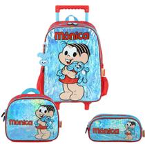 Kit Mochila De Rodinhas Lancheira Estojo Kids Mônica Magali