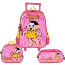Kit Mochila De Rodinhas Lancheira Estojo Kids Mônica Magali