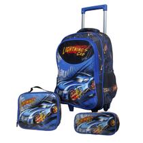 Kit Mochila de Rodinhas + Lancheira + Estojo Lightning Car Carro Escolar Infantil C/ Alças de Costas
