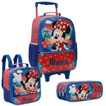 Kit Mochila De Rodinhas Lancheira Estojo Minnie Tropical