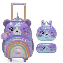 Kit Mochila de Rodinhas + Lancheira + Estojo Pack Me Urso Paetê PACIFIC