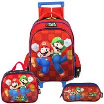 Kit Mochila De Rodinhas Lancheira Estojo Premium Super Mario