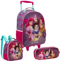 Kit Mochila De Rodinhas Lancheira Estojo Princesas Disney