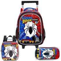 Kit Mochila de Rodinhas Lancheira Estojo Spider Comic Book