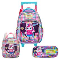 Kit Mochila De Rodinhas Lancheira Estojo Unicórnio Gamer