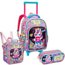 Kit Mochila De Rodinhas Lancheira Estojo Unicórnio Gamer