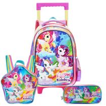 Kit Mochila De Rodinhas Lancheira Estojo Unicórnio Rainbow Kit Mochila De Rodinhas Lancheira Estojo Unicórnio Rainbow