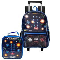 Kit Mochila De Rodinhas Lancheira Game Atari Pisca Pisca