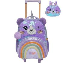 Kit Mochila de Rodinhas Lancheira Pack Me Sweet Leopard Roxo