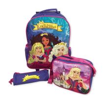 Kit Mochila de rodinhas Lancheira Térmica e Estojo Infantil meninas Escolar 3 peças Princesas Crianças escola viajem Roxa