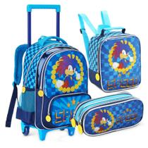 Kit Mochila de Rodinhas + Lancheira Térmica + Estojo Duplo Speed Sonic DENLEX Completo Azul