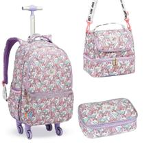 Kit Mochila de Rodinhas + Lancheira Térmica + Estojo Just Love Unicórnio DENLEX Lilás