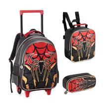 Kit Mochila De Rodinhas + Lancheira Térmica + Estojo Menino Aranha Dark Spider Denlex