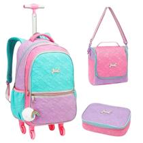 Kit Mochila De Rodinhas Menina Estojo Lancheira Arco-Íris Kit Mochila De Rodinhas Menina Estojo Lancheira Arco-Íris