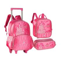 Kit Mochila De Rodinhas Princesas Mágicas Possui Luzes Que Piscam Com Estojo Duplo e Lancheira Espaçosa Escolar Clio