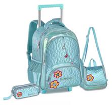 Kit Mochila de Rodinhas Princesas Sweet Queen Lancheira e Estojo Azul