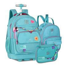 Kit Mochila de Rodinhas Rebecca Bonbon Color Pop Miçangas + Lancheira e Estojo Azul