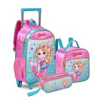 Kit Mochila de Rodinhas Sereia C/ Lancheira Térmica E Estojo Duplo Escolar Infantil - Clio