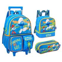 Kit Mochila De Rodinhas Smurf Escolar Infantil Com Lancheira Térmica E Estojo Duplo Desenho Animado Volta Às Aulas Clio