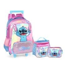 Kit Mochila De Rodinhas Stitch Lancheira Estojo Feminina Escolar 2026