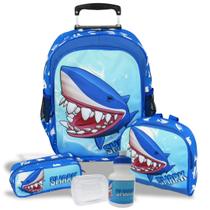 Kit Mochila de Rodinhas Tam G Lancheira e Estojo Tubarão Shark