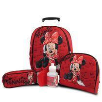 Kit Mochila de Rodinhas Tam M Lancheira e Estojo Minnie Vermelha