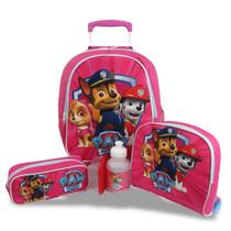 Kit Mochila de Rodinhas Tam M Lancheira e Estojo Patrulha Rosa