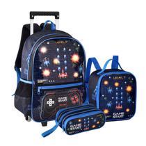 Kit Mochila de Rodinhas Vídeo Game C/ Luzes + Lancheira E Estojo Triplo Escolar Espaço - Clio