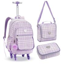 Kit Mochila de Rodinhas Xadrez + Lancheira Térmica + Estojo Box Just Love DENLEX Roxo