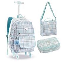 Kit Mochila de Rodinhas Xadrez + Lancheira Térmica + Estojo Box Just Love DENLEX Verde Agua