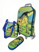 Kit Mochila Dinossauro 3d Com Rodinhas Lancheira + Estojo Dino