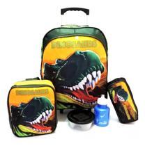 Kit Mochila Dinossauro Rodinhas Tam G Verde F5 + Lancheira