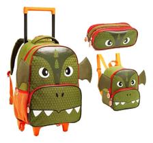 Kit Mochila Dragão Verde Rodinhas Escolar Meninos Dl1360