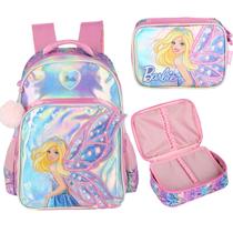 Kit Mochila e Estojo Barbie Fada Holográfico Rosa - Luxcel