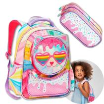 Kit Mochila e Estojo Escolar Colorida Gatinho Resistente Lançamento