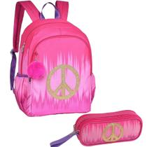 Kit Mochila e Estojo Escolar Feminina Peace Tie Dye com Chaveiro PomPom CG2158 CG2159 Clio